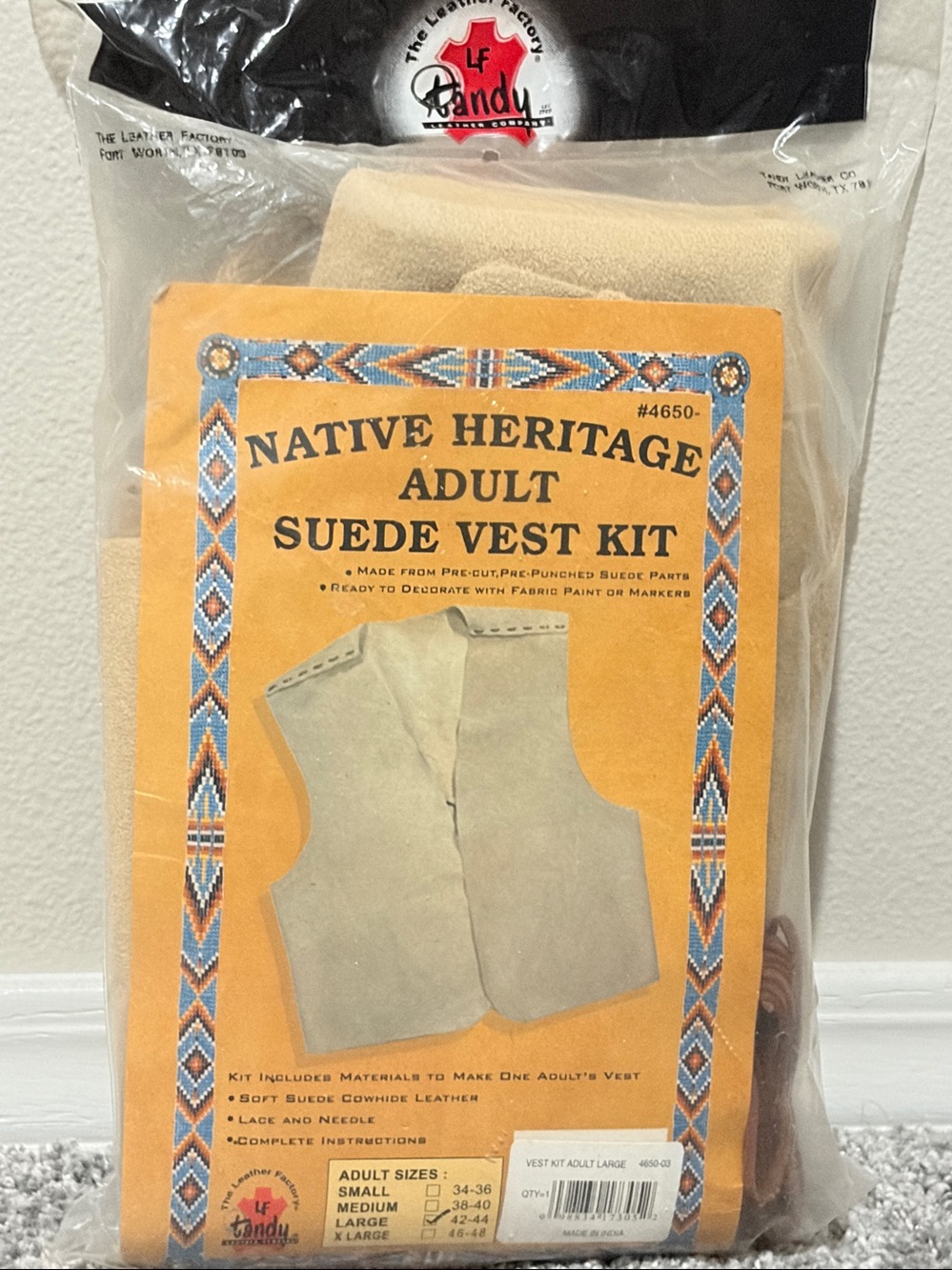 Vintage Native American Suede Leather Vest Kit Adult Unisex Size Large Tan New